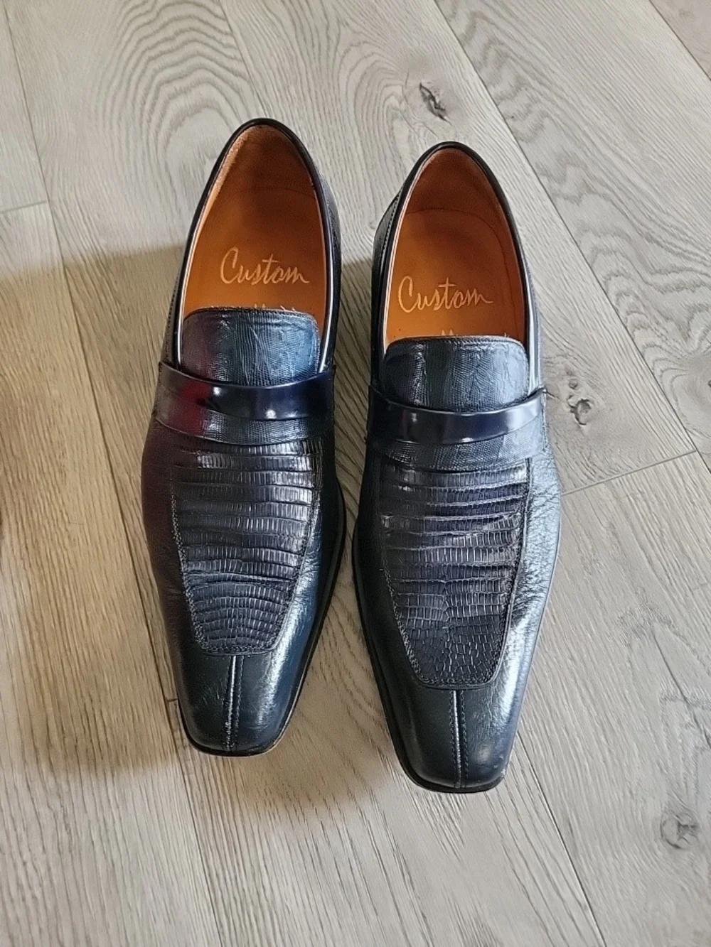 Mezlan Custom Irabu Loafers Men's Size 10 Navy Blue Lizard Leather Dress Shoes